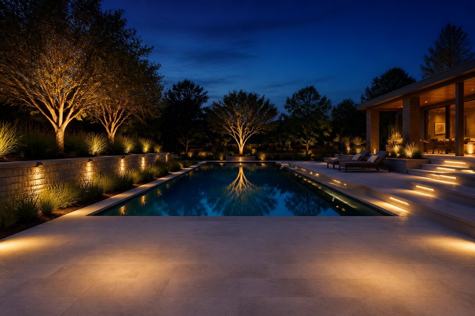 Piscina e jardim com iluminação arquitetural externa