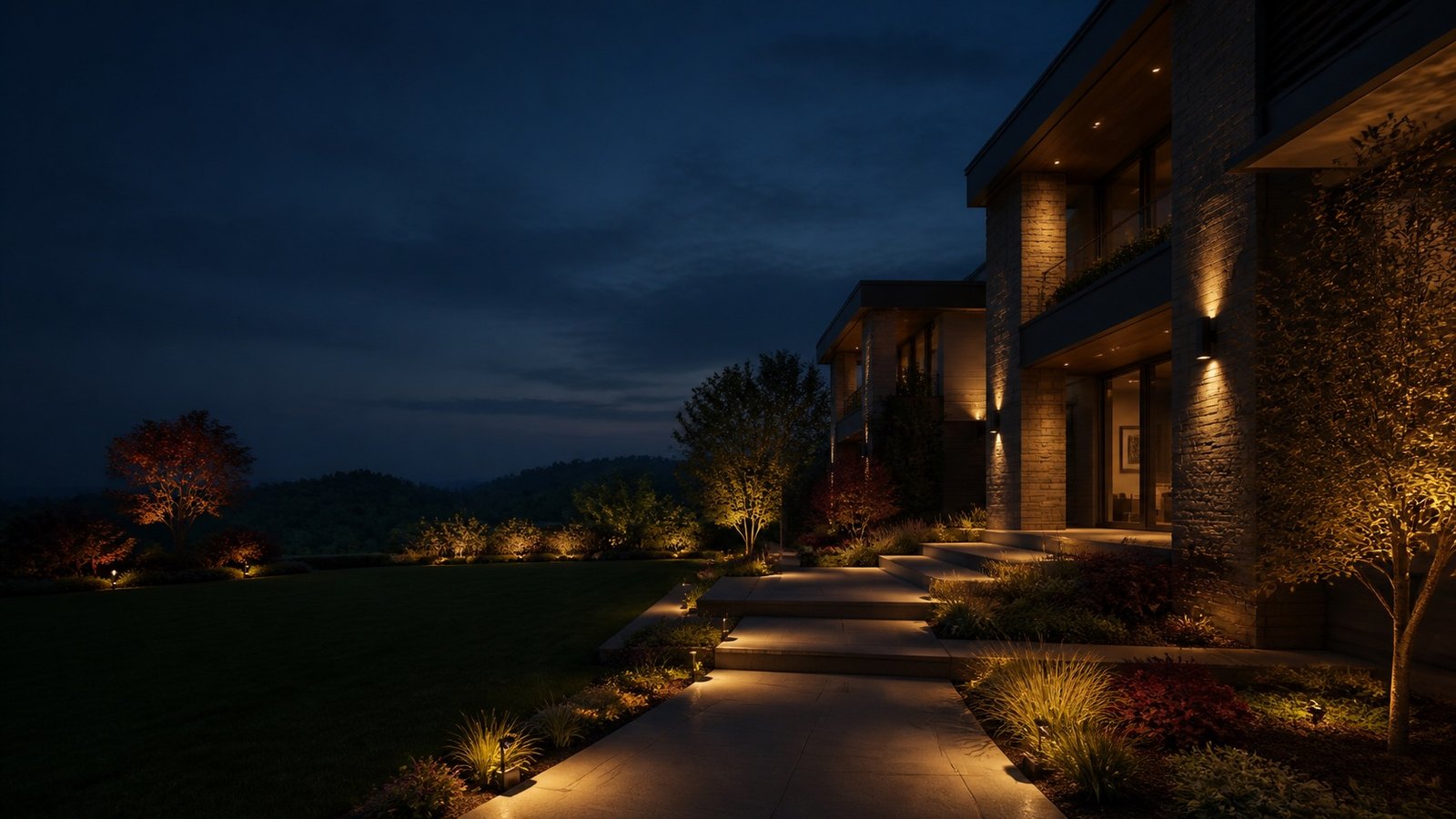 Casa e jardim iluminados durante o anoitecer