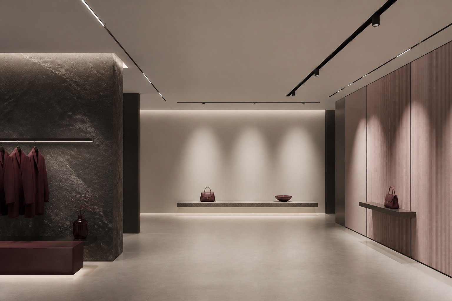 Galeria com iluminação linear e trilhos técnicos