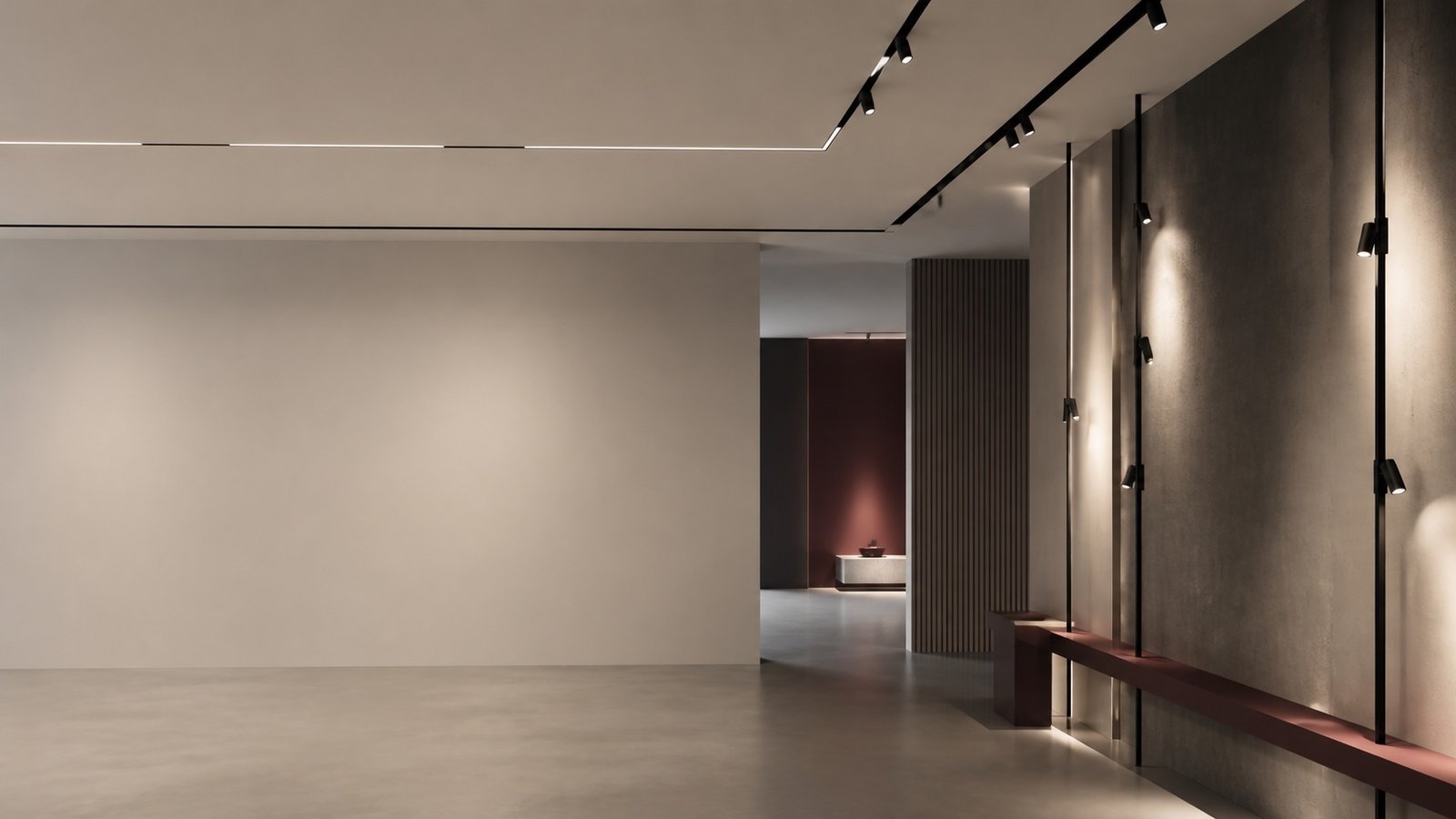 Ambiente com perfis lineares e trilhos de iluminação