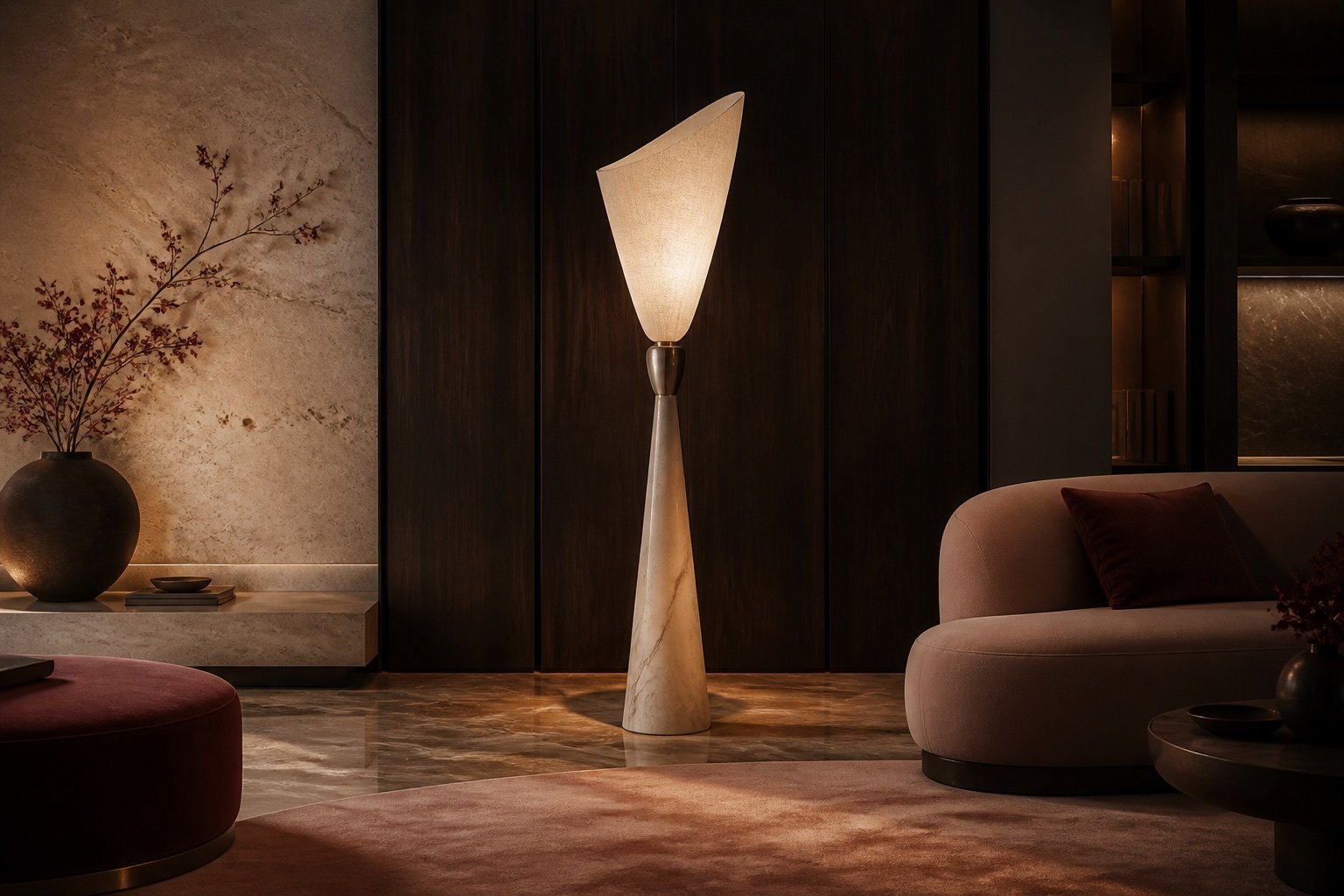 Luminária de piso escultural em uma sala sofisticada